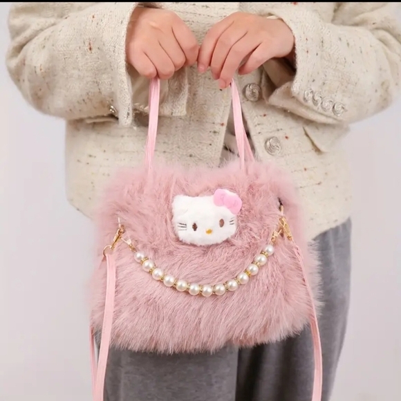 Hello Kitty Handbags - Hello Kitty Pink Faux Fur Handbag With Removable Pearl Accent Chain